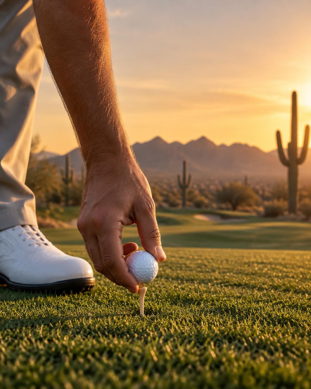 A golfer teeing up a ball on a desert course at sunset